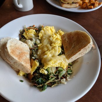 The Howling Rooster - Power bowl, homefries underneath deliciously seasoned veggies, with cheesey scrambled eggs on top. - Breakfast & Brunch Near Me - Buffalo, New York The Howling Rooster - Power bowl, homefries underneath deliciously seasoned veggies, with cheesey scrambled eggs on top. - Breakfast & Brunch Near Me - Buffalo, New York