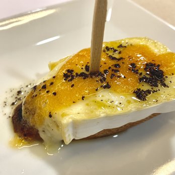Maitea - Brie Cheese au Gratin, Tomato Jam & Olives. Was amazing. Melts in the mouth. From the Pintxos menu. - Spanish Near Me - Barcelona, B