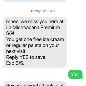 La Michoacana Premium - Proof that I got a text for free ice cream they wouldn't honor - Juice Bars & Smoothies Near Me - South Gate, California