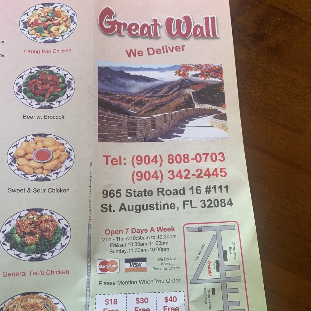 Great Wall - the menu for the great wall restaurant - Chinese Near Me - St Augustine, Florida