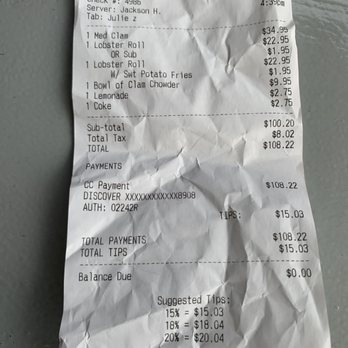 Bob's Clam Hut - My Receipt. We gave a $15 tip even though we served ourselves and took out the food ourselves to eat. - Seafood Near Me - Kittery, Maine Bob's Clam Hut - My Receipt. We gave a $15 tip even though we served ourselves and took out the food ourselves to eat. - Seafood Near Me - Kittery, Maine