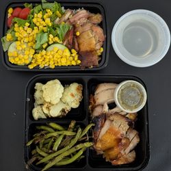 Gai Chicken & Rice - Roasted chicken bowl and Roasted chicken platter with green beans and cauliflower