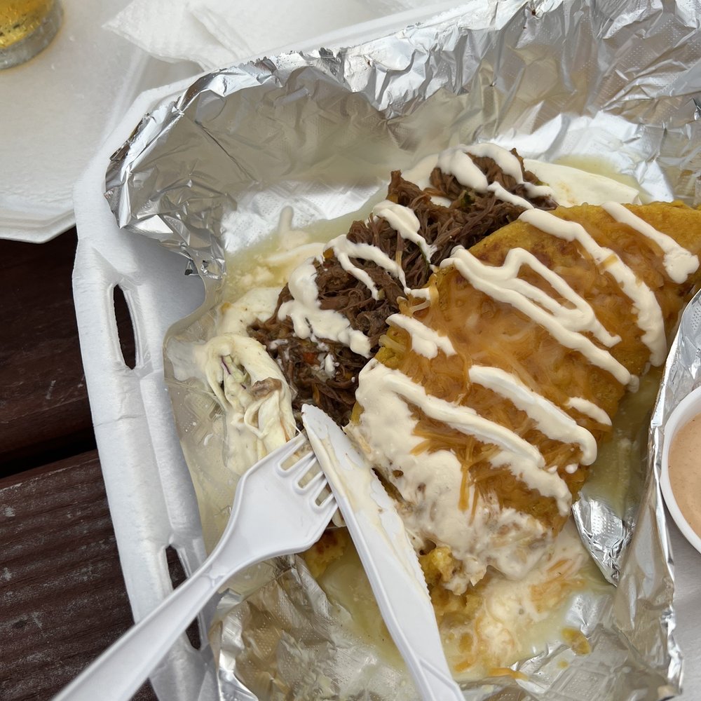 La Chama Venez - A cachapa with queso guyanes and shredded beef with a chipotle sauce!! Delicious - Venezuelan Near Me - Niceville Fl, Florida