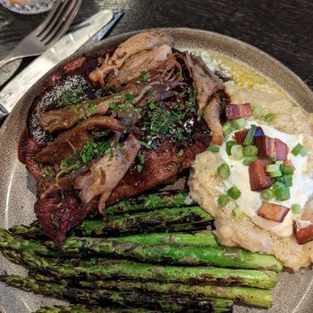 Fielding's - Ribeye, asparagus, loaded mashed potatoes - Breakfast & Brunch Near Me - Bozeman, Montana Fielding's - Ribeye, asparagus, loaded mashed potatoes - Breakfast & Brunch Near Me - Bozeman, Montana