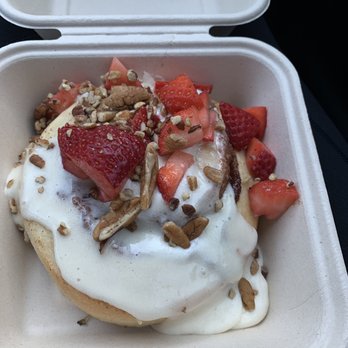 Cinnaholic - Almond frosting with fresh strawberries and pecans - Bakeries Near Me - Pearland, Texas Cinnaholic - Almond frosting with fresh strawberries and pecans - Bakeries Near Me - Pearland, Texas
