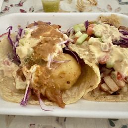Batter shrimp and octopus tacos. Batter shrimp and octopus tacos.