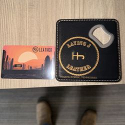 Laying J Leather - The business card in the wallets and my coaster.