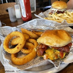 Ludington Pub - Bacon cheeseburger with onion rings