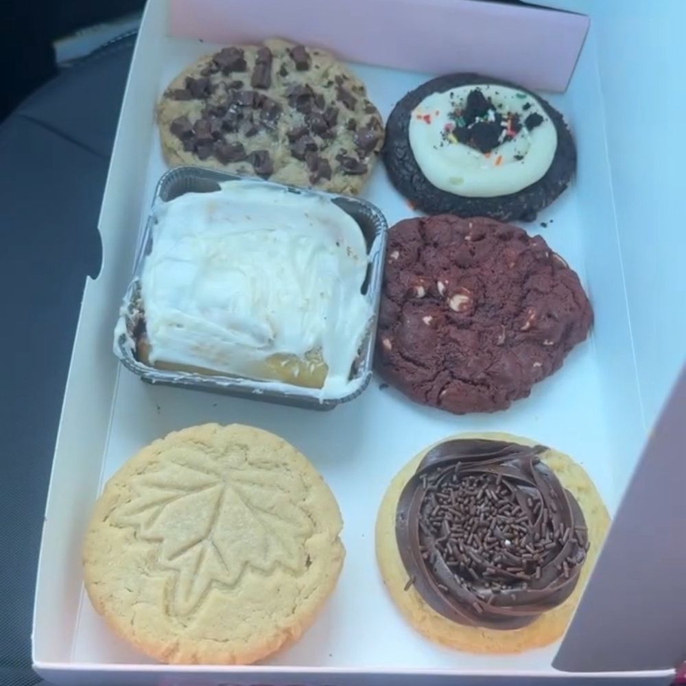 Semi sweet chocolate chip, Oreo birthday cake, cinnamon square, red velvet chip, maple cookie, chocolate cupcake.