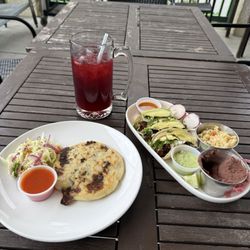 Latin Soul - Hibiscus juice Collard Greens and cheese pupusas Street tacos (chicken and steak