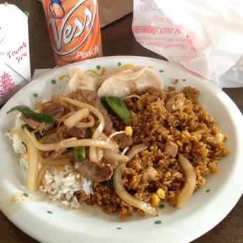 China Dish - Mongolian beef, chicken fried rice, 2 pork stickers, oh and of course the complimentary Vess! - Chinese Near Me - Saint Louis, Missouri