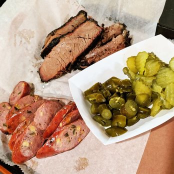 Meat U Anywhere BBQ - Brisket and jalapeno cheddar sausage with a side of jalapenos and pickles - Barbeque Near Me - Grapevine, Texas