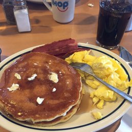 2 Pancakes, 2 scrambled eggs, and 2 pieces of turkey bacon. (2x2x2 meal deal).