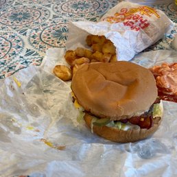 The bacon double cheeseburger and cheese curds. The bacon double cheeseburger and cheese curds.