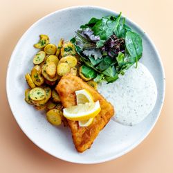 Gilde Brewery - Backfish: Bier battered pollock served with remoulade sauce, pan-seared potatoes, marinated greens, and lemon.