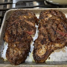 2 GIGANTIC ribeyes, reverse seared and rubbed with pepper and herbs. Amazing. 2 GIGANTIC ribeyes, reverse seared and rubbed with pepper and herbs. Amazing.