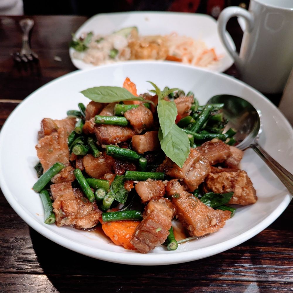 Ayara Thai - Spicy basil with crispy pork belly - Thai Near Me - Los Angeles, California Ayara Thai - Spicy basil with crispy pork belly - Thai Near Me - Los Angeles, California