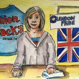 A watercolor artwork shows a woman with shoulder-length hair sitting at a table, with her hands resting on a cloth. Behind her are decorations including a blue T-shirt with 'Union Docks Glenside, PA' and a banner with 'London Pride' and a Union Jack flag. The background is yellow, and the scene appears to celebrate British culture or a themed event. The artwork is signed and dated April 2024.