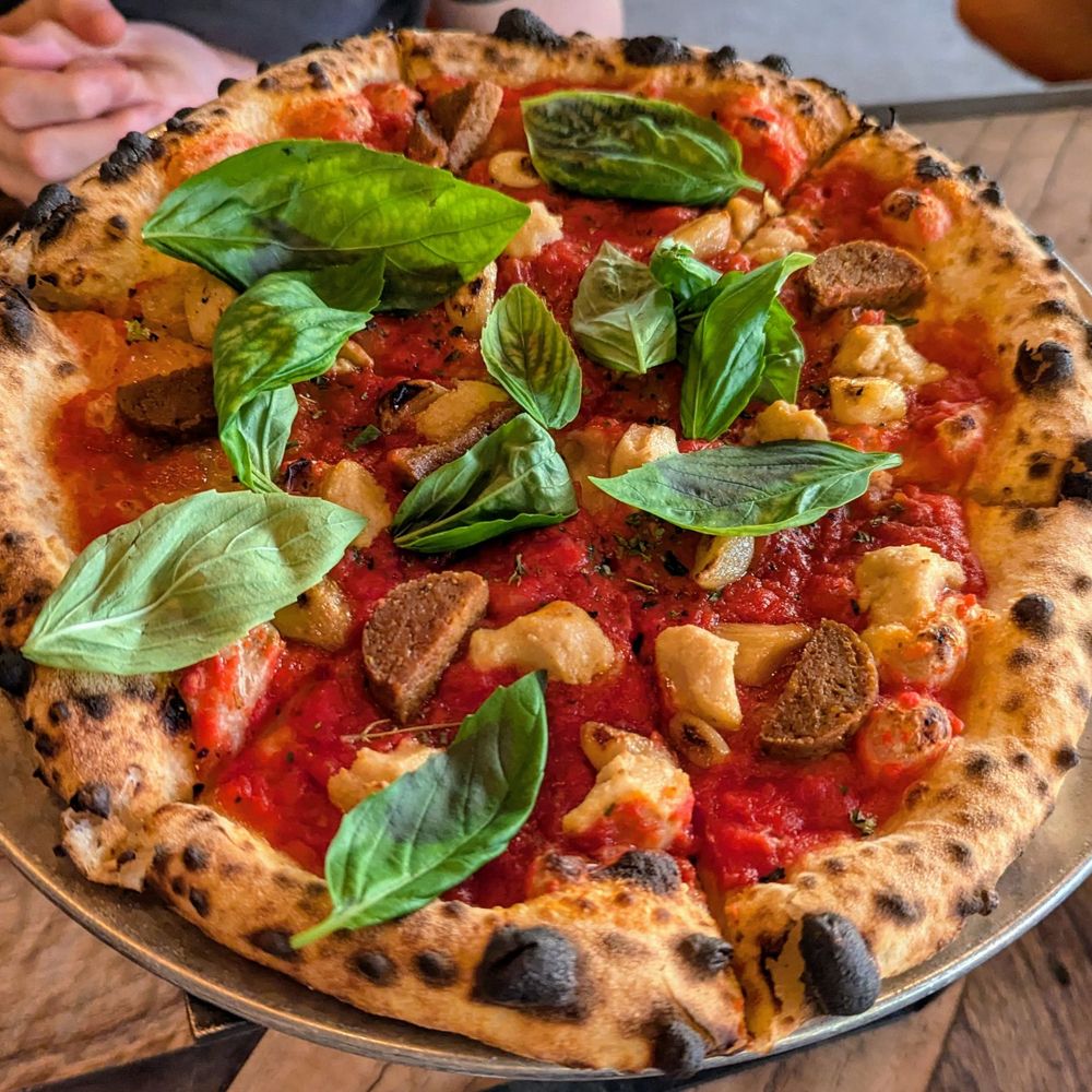 Falora - Marinara pizza with vegan mozzarella and vegan chorizo - Pizza Near Me - Tucson, Arizona