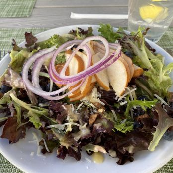 Citron Bistro - Pear salad with (some) pecans, (very little grated, not shaved) pandano cheese, blueberries and a citrus dressing - New American Near Me - Vero Beach, Florida Citron Bistro - Pear salad with (some) pecans, (very little grated, not shaved) pandano cheese, blueberries and a citrus dressing - New American Near Me - Vero Beach, Florida