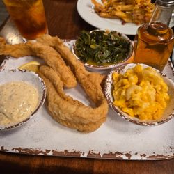 Sago’s Restaurant - Cat fish, macaroni and cheese with greens