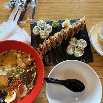 Japomen Vienna - Halal chick Ramen ( with an extra bowl) and the red dragon roll and salmon and avocado rolls. - Japanese Near Me - Vienna, Virginia Japomen Vienna - Halal chick Ramen ( with an extra bowl) and the red dragon roll and salmon and avocado rolls. - Japanese Near Me - Vienna, Virginia