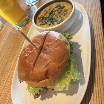 Tap & Barrel - Bridges - Spicy tuna burger (it's not spicy) with clam chowder - Breakfast & Brunch Near Me - Vancouver, British Columbia Tap & Barrel - Bridges - Spicy tuna burger (it's not spicy) with clam chowder - Breakfast & Brunch Near Me - Vancouver, British Columbia