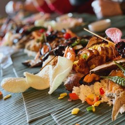 Boodle fight! Shrimp, mussels, bangus, squid, okra, pork BBQ!