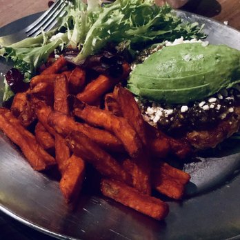 Eureka! - Naked Turkey Chipotle Burger with sweet potato fries - American Near Me - Austin, Texas Eureka! - Naked Turkey Chipotle Burger with sweet potato fries - American Near Me - Austin, Texas