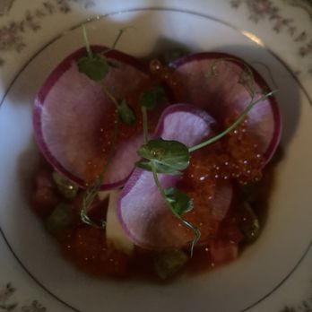 Verde Mesa - Cucumber Melon Salad with radish slices and trout roe. - Seafood Near Me - San Juan, Puerto Rico