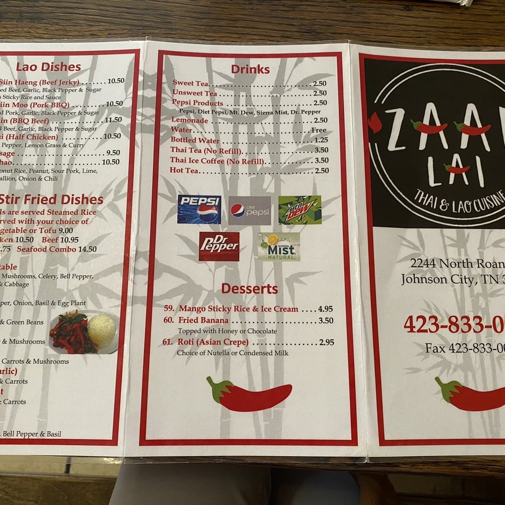 Zaap Lai - Menu May 2021 - Laotian Near Me - Johnson City, Tennessee