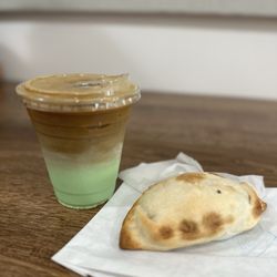 Pandan latte, chicken empanada