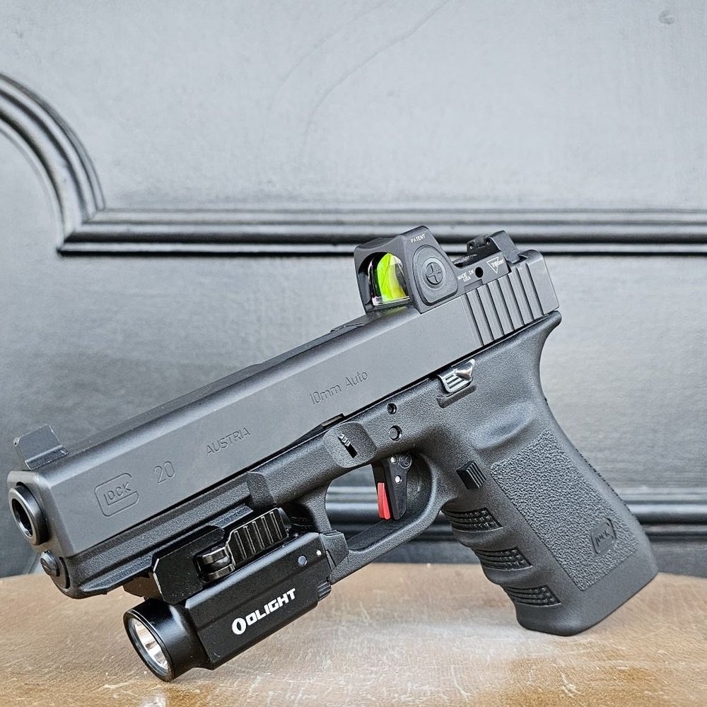 Precise Armory - 10mm Glock 20 Gen 3, 3lb. drop in trigger kit by Timney installed by Precise Armory, Trijicon supressor sights, Trijicon RMR Type 2 - Guns & Ammo Near Me - Irwindale, California