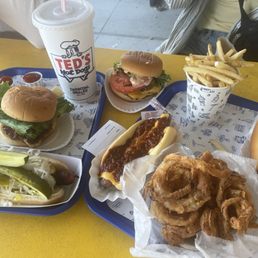 Cheese Burger, Onion Rings, chili cheese hot dogs, fries