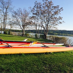 Cayuga Outrigger Canoe Club - Our two wa'a (outrigger canoes) Hoku and A'no:wara, waiting for us at the Cornell Sailing Center.