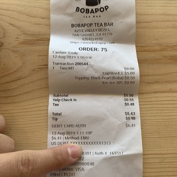 BoBaPoP - Receipt - Coffee & Tea Near Me - San Gabriel, California
