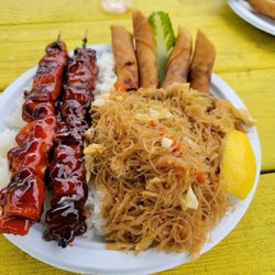 Lumpias Wheel - BBQ plate.  One skewer of chicken, one of pork. Pandit, pork lumpia