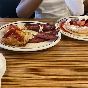 IHOP - Pancake combo (minus eggs) - 2 strawberry banana pancakes, 2 slices of Turkey bacon, hashbrown - Breakfast & Brunch Near Me - Vernon Hills, Illinois