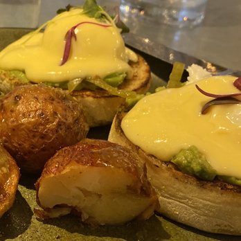 Abejas - Eggs Benedict with fermented chili and avocado. - New American Near Me - Golden, Colorado Abejas - Eggs Benedict with fermented chili and avocado. - New American Near Me - Golden, Colorado