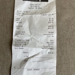 Voodoo Martini and Coffee - Receipt for $14