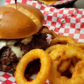 Whistle Stop Cafe - Double Mushroom & Swiss Burger with Onion Rings - Ice Cream & Frozen Yogurt Near Me - Columbus, Montana