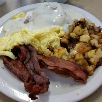Betsy's Restaurant - Southern breakfast; scrambled eggs (well), county potatoes, biscuits and gravy & crispy bacon. - Diners Near Me - Morgan Hill, California
