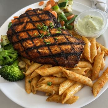 Dr Grubb's - Blackened Salmon, Sauteed Vegetable Medley, Sun-Dried Tomato Pesto, jalapeño garlic sauce - American Near Me - Claremont, California Dr Grubb's - Blackened Salmon, Sauteed Vegetable Medley, Sun-Dried Tomato Pesto, jalapeño garlic sauce - American Near Me - Claremont, California