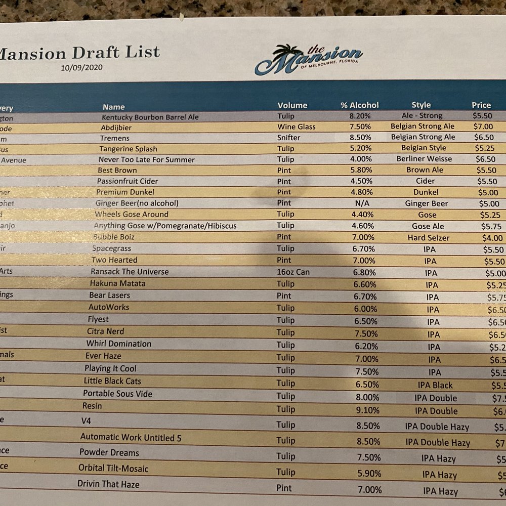 The Mansion - Beers - New American Near Me - Melbourne, Florida The Mansion - Beers - New American Near Me - Melbourne, Florida