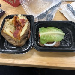 Wendy's - Bunless jr. hamburger.  Bake potato with bacon