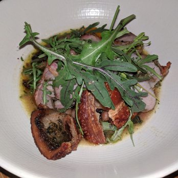 Upland - Flying pigs farm porchetta - heirloom beans, roasted tomatoes + bok choy - $36 - New American Near Me - New York, New York
