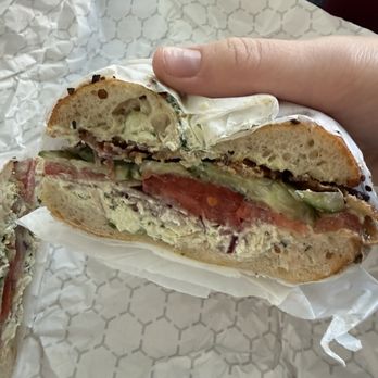 Baltik's Bagel - My everything bagel with herb cream cheese, tomato, cucumber, and onion - Bagels Near Me - Richmond, Virginia