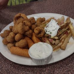 Greeley Cafe - The sampler platter  Mushrooms, cheese sticks, cheese curds, onion rings , loaded fries, jalapeno poppers