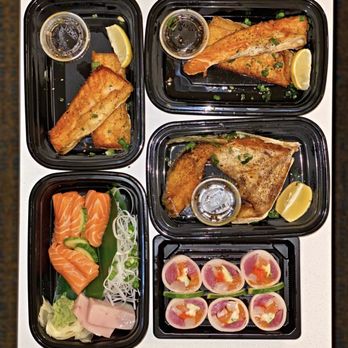 Aoki Teppanyaki - 2 orders of salmon belly, 1 order hamachi Kama, 3 orders of salmon sashimi, 1 order hamachi sashimi & 1 order of geisha roll - Sushi Bars Near Me - Miami, Florida