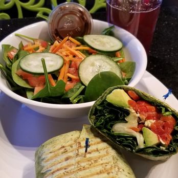 Healthy Eats - $9.25 Entree Combo: Chicken Pesto Wrap (served hot) + Garden Salad w/Cherry Raspberry (unsweetened) Iced Tea. Yummy lunch b4 my massage. - Sandwiches Near Me - Monrovia, California Healthy Eats - $9.25 Entree Combo: Chicken Pesto Wrap (served hot) + Garden Salad w/Cherry Raspberry (unsweetened) Iced Tea. Yummy lunch b4 my massage. - Sandwiches Near Me - Monrovia, California